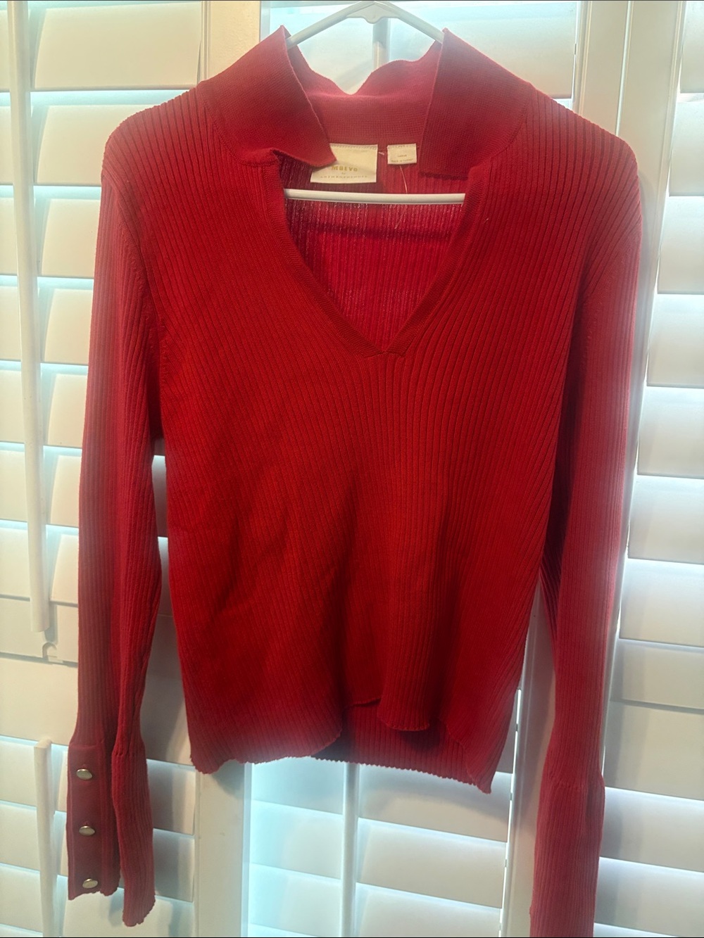 Anthropologie Red Ribbed V-Neck Sweater with Button Cuffs